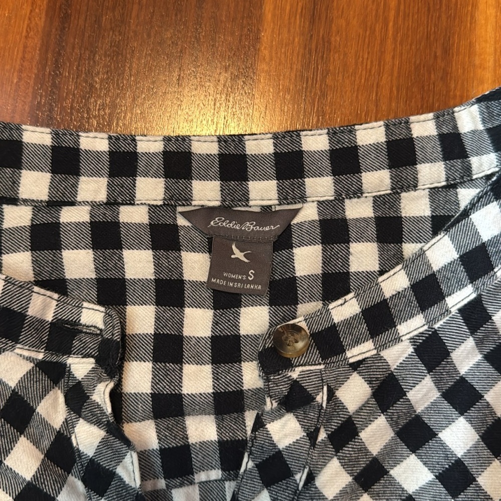 Eddie Bauer Womens Flannel Popover Top Sz Small Black White Checkered Cotton - Picture 2 of 6